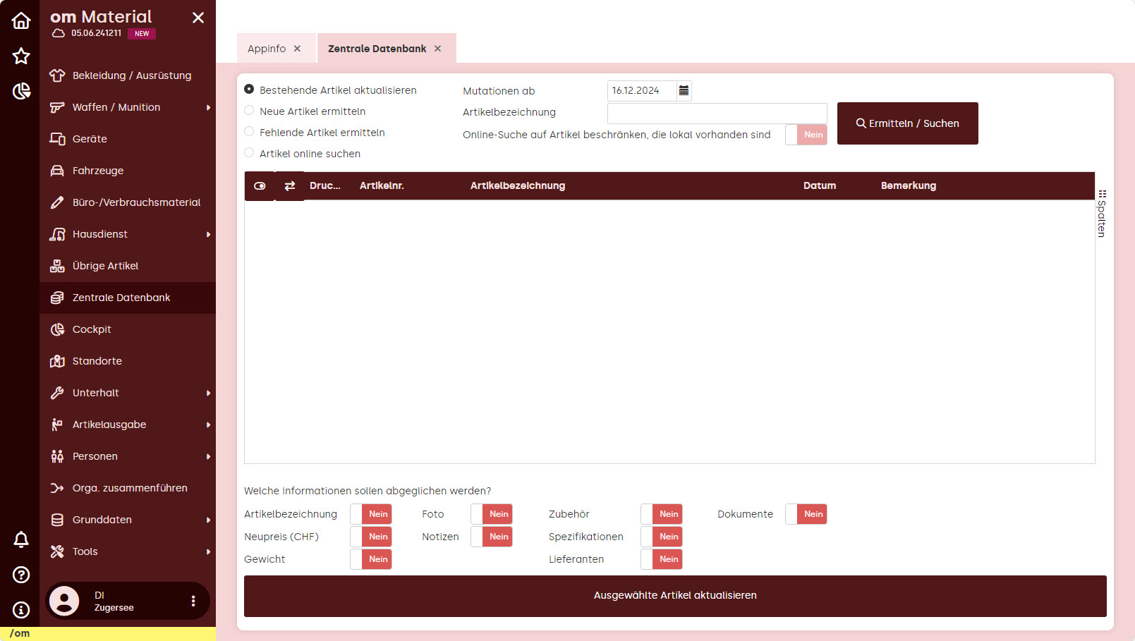 om Material Standort Übersicht